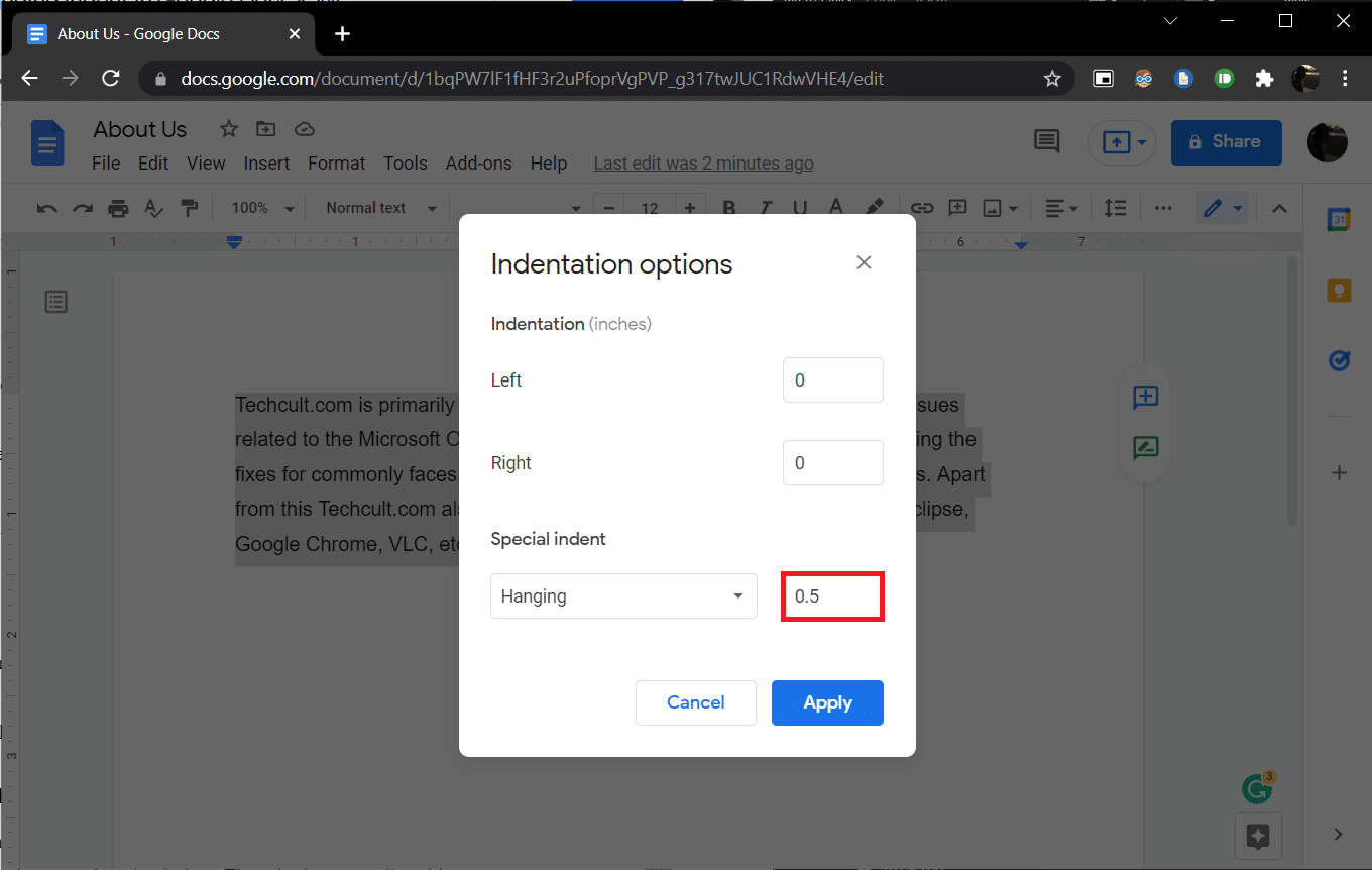 Fenêtre des options d'indentation. Comment créer un retrait suspendu dans Word et Google Docs