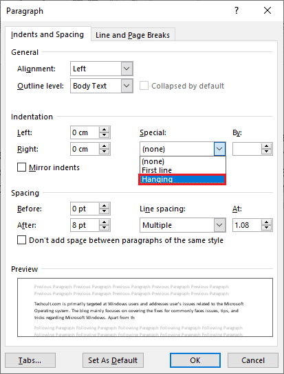 Fenêtre Paragraphe, onglet Retraits et espacement. Comment créer un retrait suspendu dans Word et Google Docs