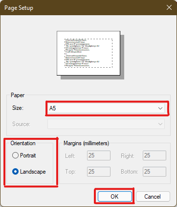 Configurez les paramètres d'orientation et les paramètres de format de papier via le menu déroulant et cliquez sur OK après avoir défini les paramètres requis.