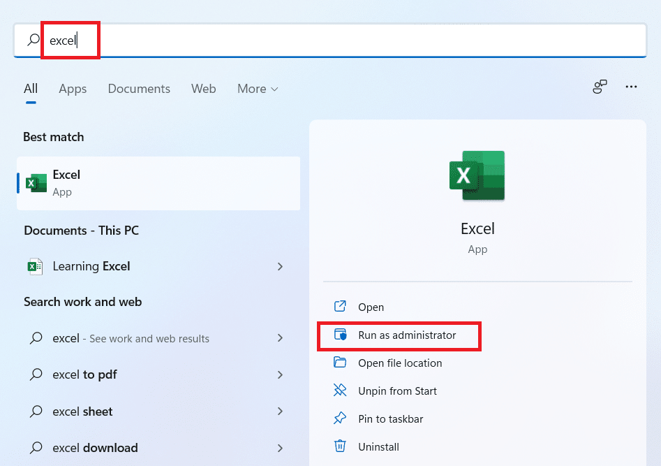 Tapez Excel dans le menu de recherche de Windows et cliquez sur Exécuter en tant qu'administrateur | comment imprimer une grande image sur plusieurs pages