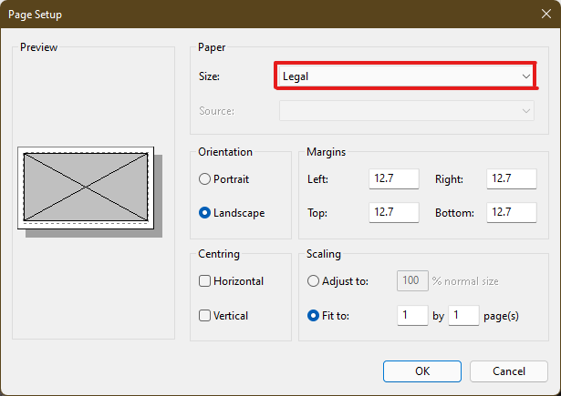 Wählen Sie im Fenster Seite einrichten das gewünschte Papierformat aus der Dropdown-Menüoption Größe: aus.