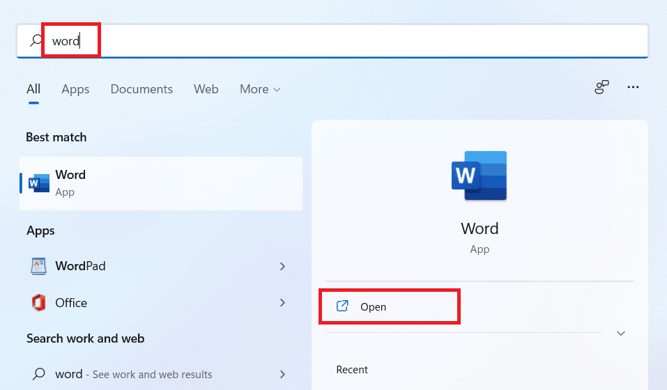 Geben Sie Word in die Windows-Suchleiste ein und klicken Sie wie unten gezeigt auf die Option Öffnen. | So drucken Sie große Bilder auf mehreren Seiten Windows 11