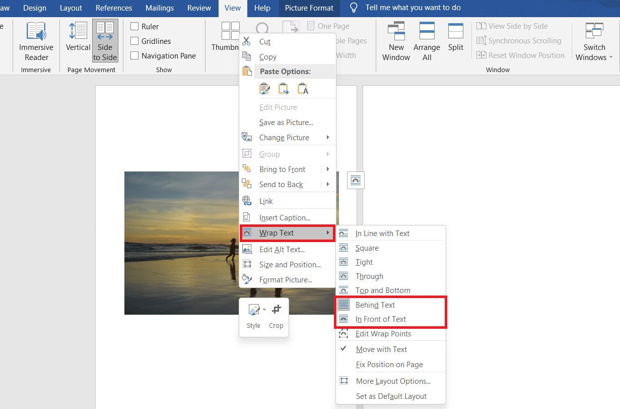 Ensuite, faites un clic droit sur l'image et cliquez sur l'option Wrap Text. Pour habiller et déplacer librement l'image dans le fichier Word, sélectionnez Derrière le texte ou Devant le texte.