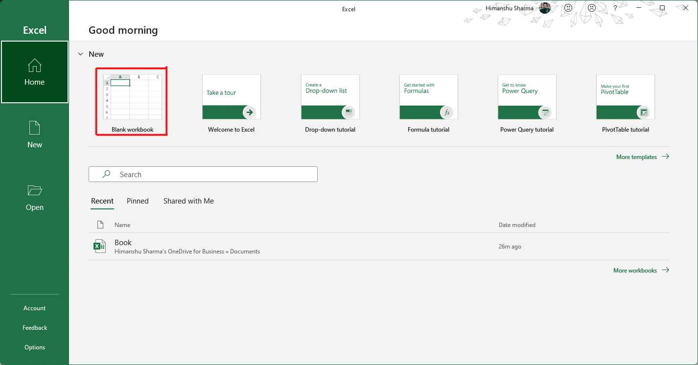 En la ventana de Excel, haga clic en la opción Libro en blanco debajo de Nuevo.