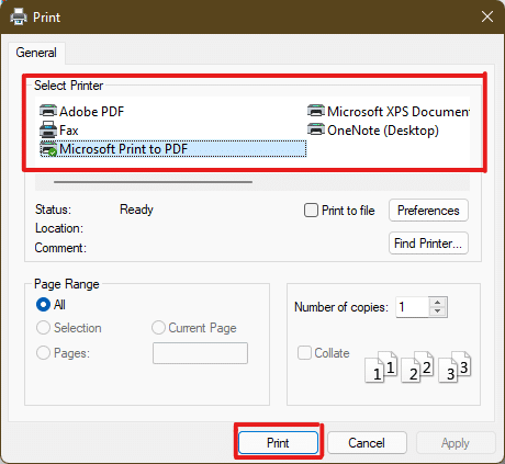 Cliquez sur l'imprimante avec laquelle vous souhaitez imprimer dans la section Sélectionner une imprimante. Cliquez ensuite sur Imprimer.