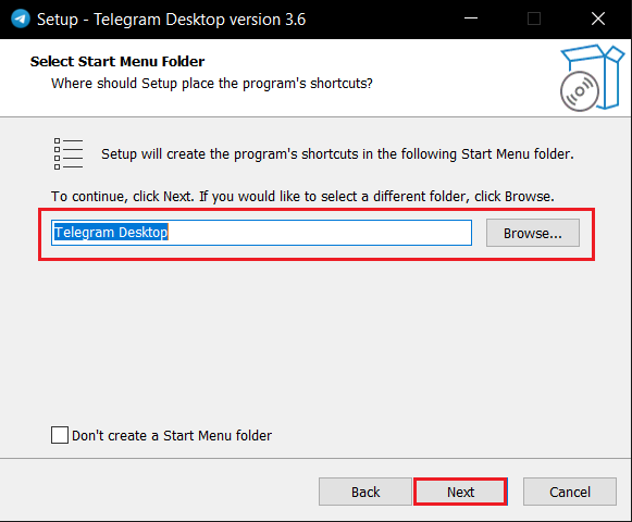 選擇開始菜單文件夾，然後單擊下一步安裝 Telegram Desktop
