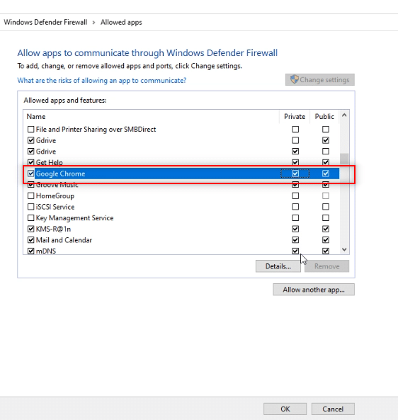 ใต้แอปและคุณลักษณะที่อนุญาต ให้มองหาแอป Google Chrome ในรายการและทำเครื่องหมายที่ช่อง