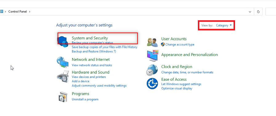 Görünümü Kategori olarak ayarlayın ve Sistem ve Güvenlik seçeneğine tıklayın