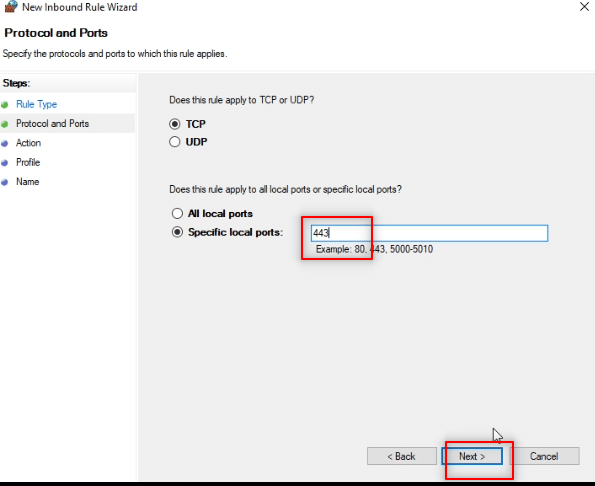 ป้อนค่า 443 และคลิกที่ Next