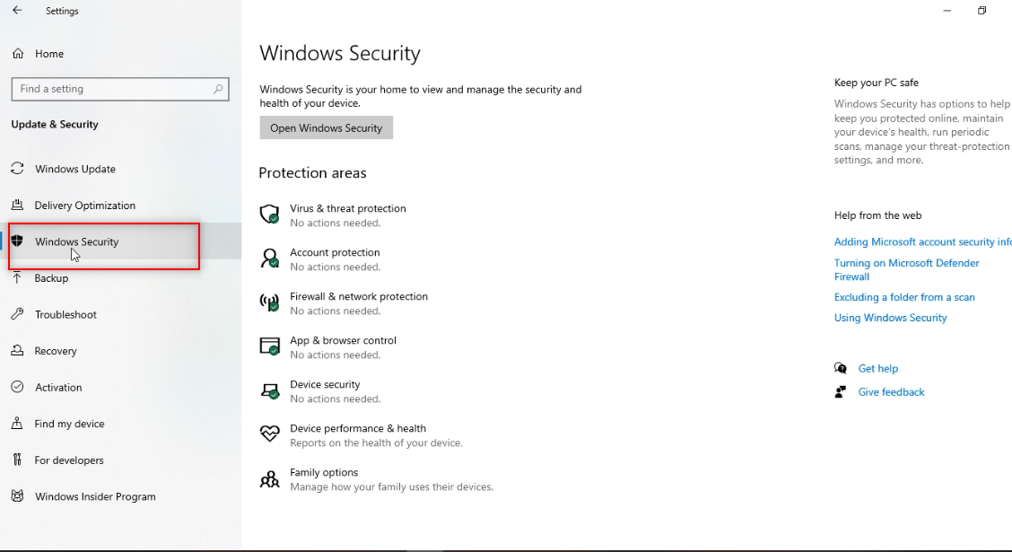 点击 Windows 安全选项