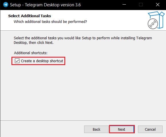 追加のタスクを選択し、[次へ]をクリックしてTelegramDesktopをインストールします。 ChromeでTelegramWebが機能しない問題を修正する方法