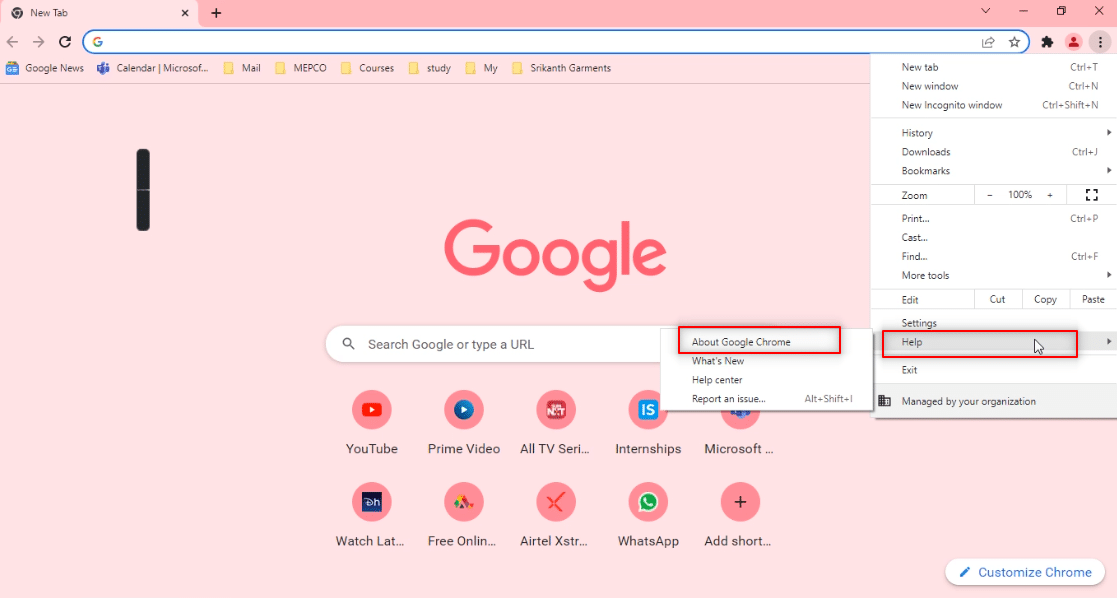 เลื่อนเคอร์เซอร์ไปที่ตัวเลือก Help แล้วเลือก About Google Chrome แก้ไขเว็บโทรเลขไม่ทำงาน