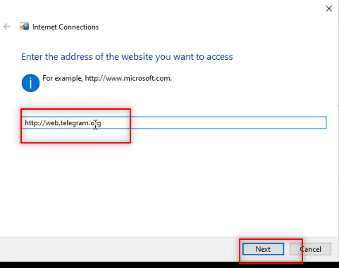 Masukkan alamat Web Telegram di bilah dan klik Berikutnya