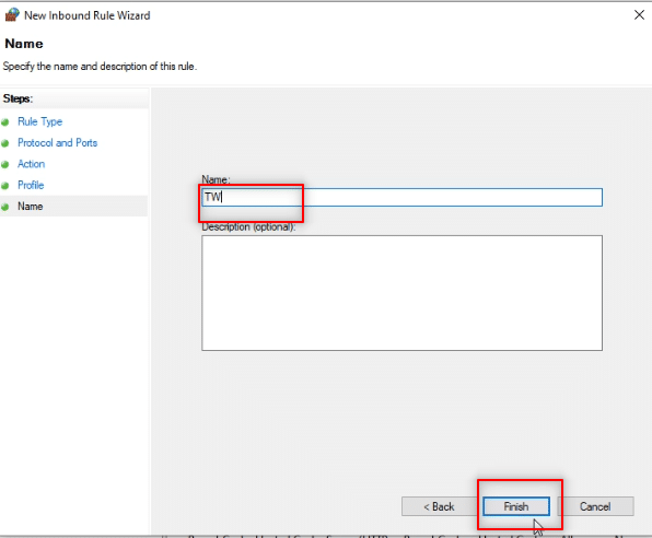 Wpisz TW jako nazwę reguły w wyświetlonym pasku i kliknij przycisk Zakończ