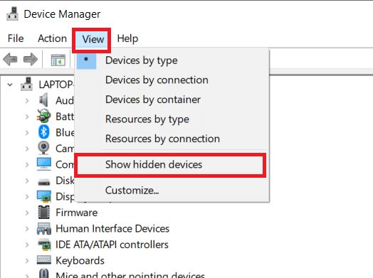 pilih Lihat dan klik Tampilkan perangkat tersembunyi