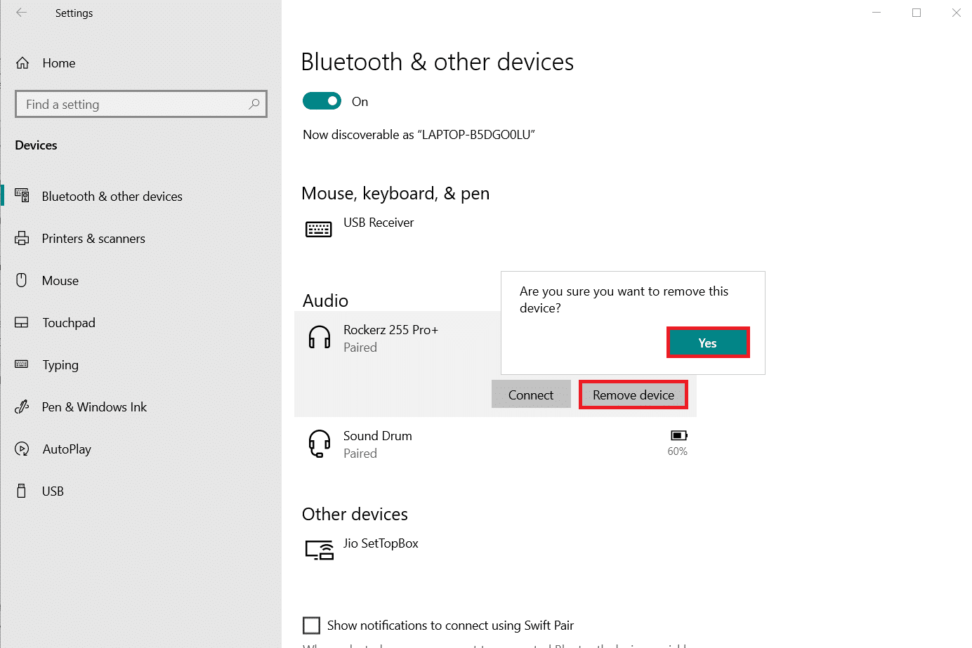 デバイスをクリックして[デバイスの削除]を選択し、[はい]をクリックして削除を確認します。