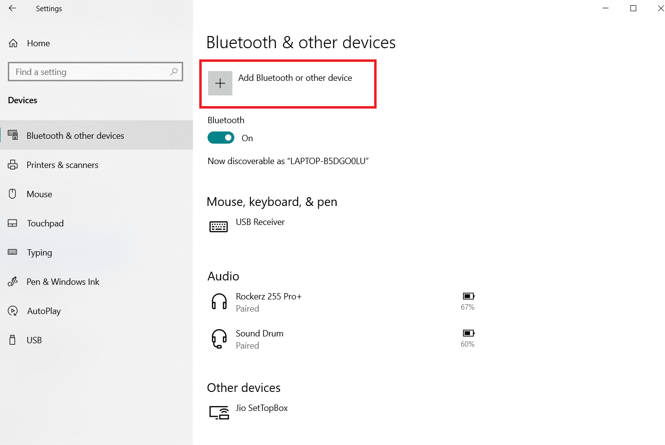 Bluetooth 또는 기타 장치 추가를 클릭합니다.