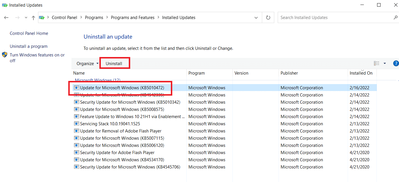 Wählen Sie das neueste Patch-Update aus und wählen Sie im oberen Menüband die Option Deinstallieren