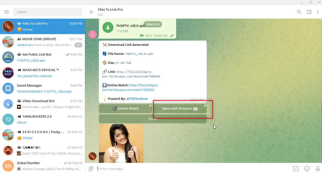 faceți clic pe Open with Browser. Cum să descărcați videoclipuri Telegram