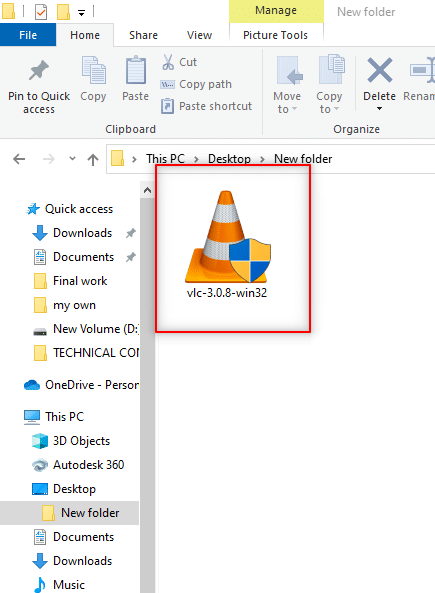 vlc.exeをデスクトップの新しいフォルダにコピーします