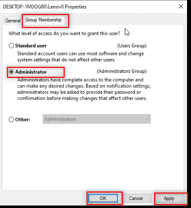 passez à l'onglet Appartenance au groupe et choisissez l'administrateur pour en faire un compte administrateur