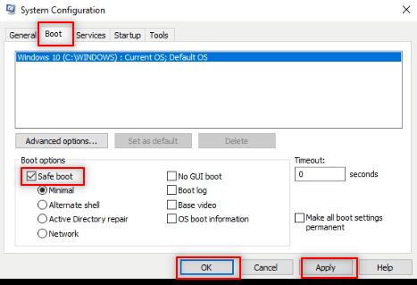Passa alla scheda Boot e seleziona l'opzione Safe Boot. Fare clic su Applica e poi su OK per terminare il processo