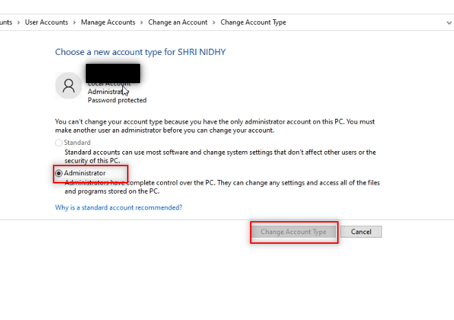 Elija Administrador y haga clic en Cambiar tipo de cuenta. Cómo instalar software sin derechos de administrador
