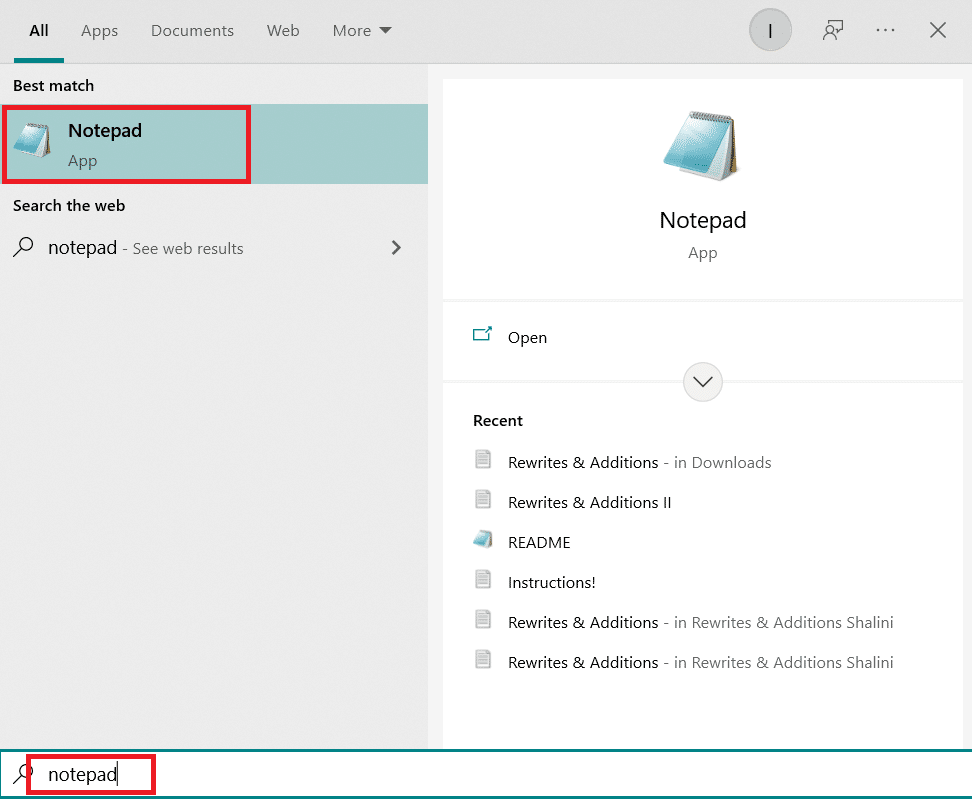 Căutați notepad în bara de căutare Windows și faceți clic pe el