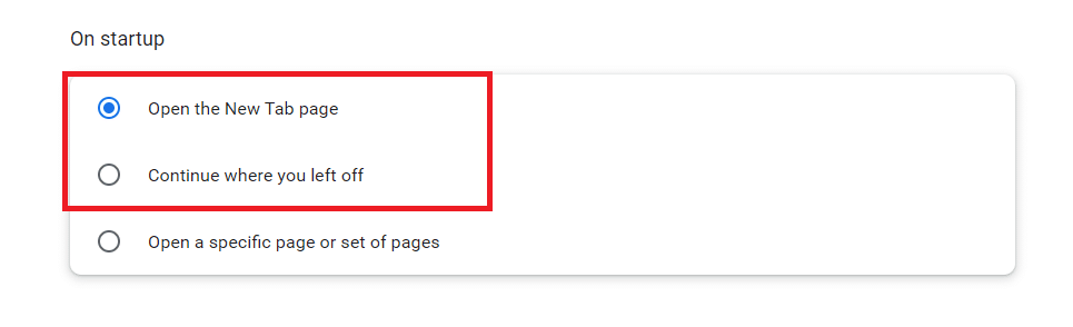 중단한 위치에서 계속에서 도착한 후 새 탭 페이지 열기로 옵션을 변경합니다. Google 크롬이 자동으로 열리는 문제를 해결하는 방법