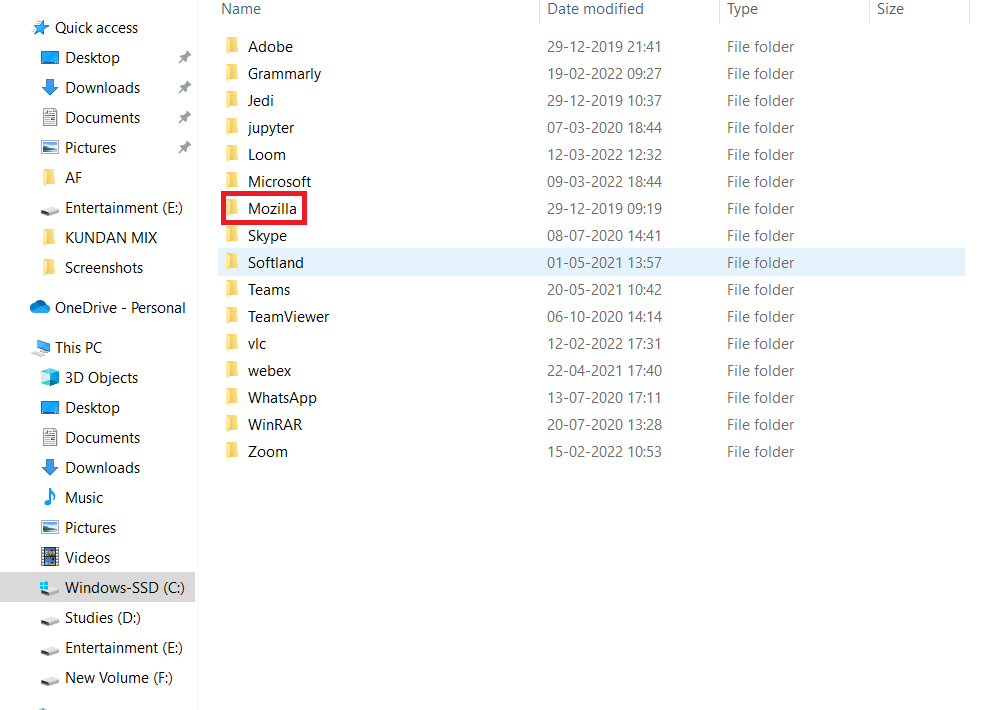 Kliknij dwukrotnie folder Mozilla, aby go otworzyć.