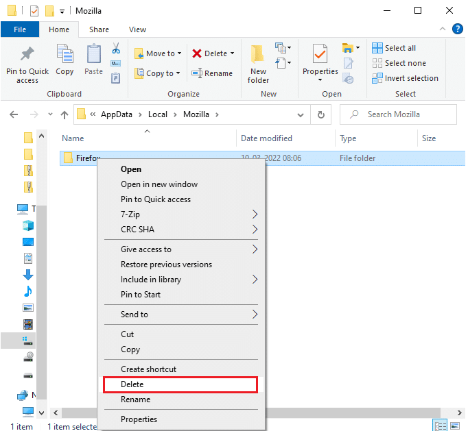คลิกขวาที่โฟลเดอร์ Firefox และเลือกตัวเลือกลบ วิธีแก้ไขรหัสข้อผิดพลาด Netflix UI3012