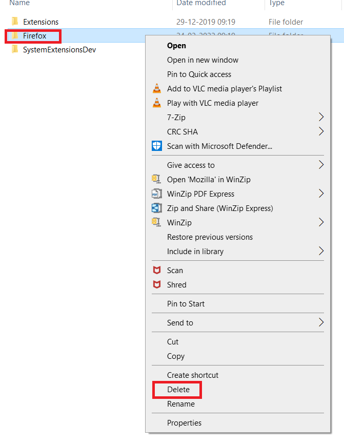. คลิกขวาที่โฟลเดอร์ Firefox และเลือกตัวเลือกลบ วิธีแก้ไขรหัสข้อผิดพลาด Netflix UI3012