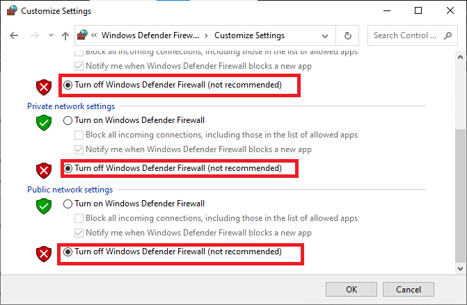 Marque las casillas junto a Desactivar Firewall de Windows Defender