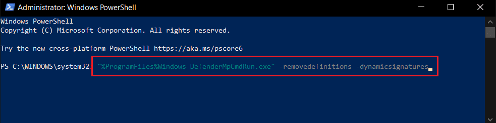 Befehl zum Entfernen von Definitionen und dynamischen Signaturen in Windows Powershell