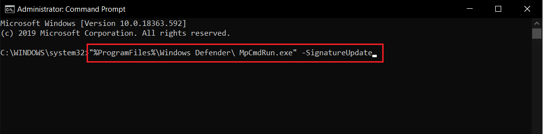 eseguire il comando di aggiornamento della firma di Windows Defender in cmd o prompt dei comandi