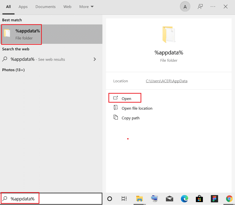 เปิดโฟลเดอร์ appdata จากแถบค้นหาของ Windows