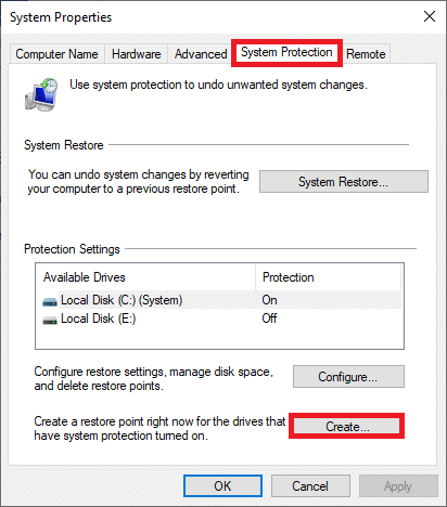 الآن ، قم بالتبديل إلى علامة التبويب System Protection وانقر فوق الزر Create….