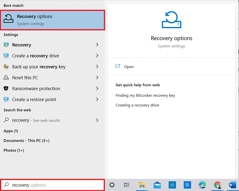 Appuyez sur la touche Windows et tapez les options de récupération comme indiqué. Ouvrez les meilleurs résultats. réparer 0xc004f075