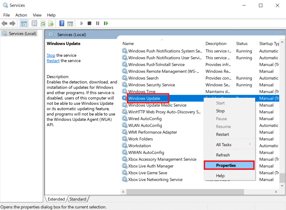 목록을 스크롤하고 Windows Update를 마우스 오른쪽 버튼으로 클릭합니다. 목록에서 속성을 선택합니다. Windows 10 0xc004f075 오류 수정