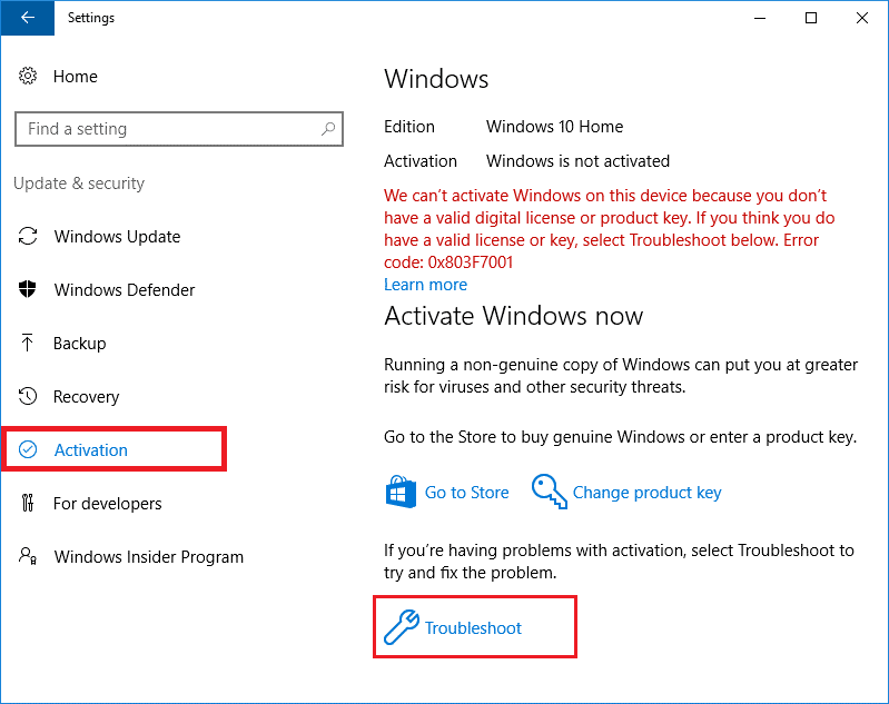 passez à l'onglet Activation. Dans le volet de droite, cliquez sur le lien Dépannage. Correction de l'erreur Windows 10 0xc004f075