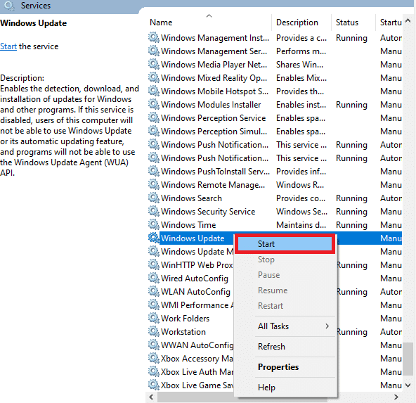 volte para a janela Serviços e clique com o botão direito do mouse em Windows Update. Aqui, selecione a opção Iniciar