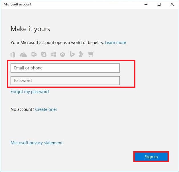 Entrez les informations d'identification de votre compte Microsoft pour vous connecter à votre compte et cliquez sur Se connecter