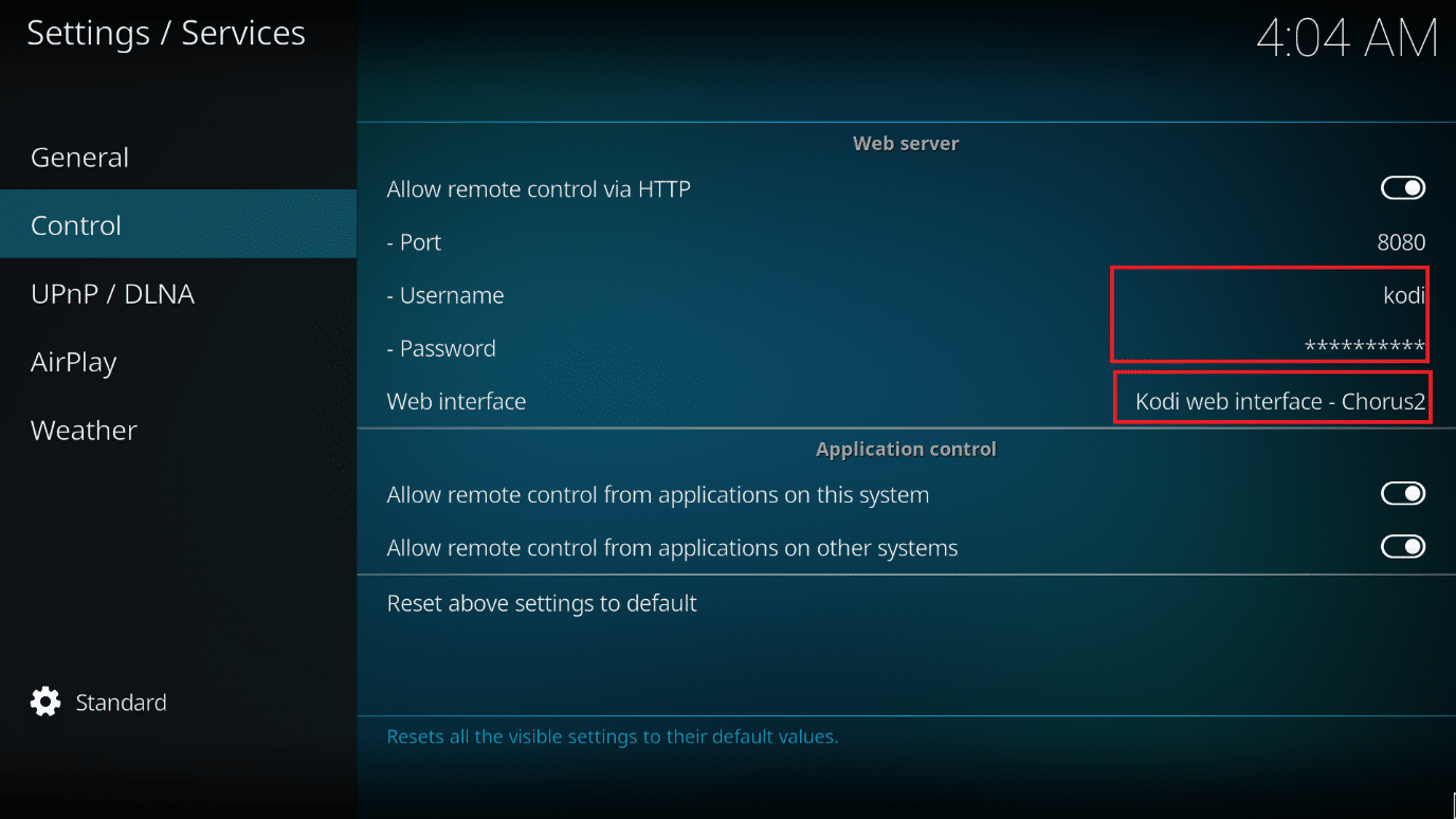 Définissez un nom d'utilisateur et un mot de passe. Assurez-vous que l'interface Web Kodi Chorus2 est sélectionnée dans la section Interface Web. Comment utiliser l'interface Web de Kodi