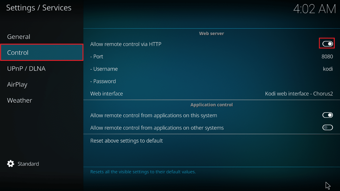 vá para Controle e ative a configuração para Permitir controle remoto HTTP