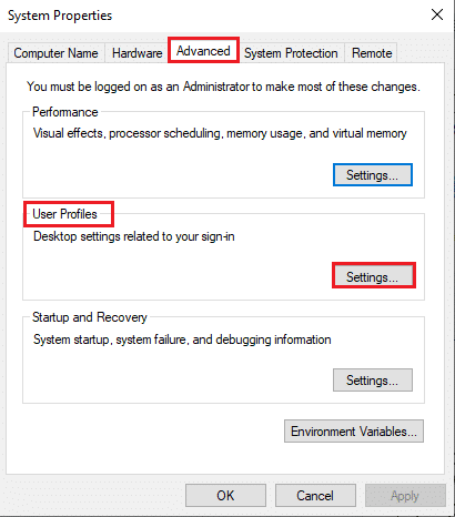 Sekarang, di jendela System Properties, alihkan ke tab Advanced dan klik opsi Settings… di bawah User Profiles. Perbaiki Taskbar Klik Kanan Tidak Bekerja