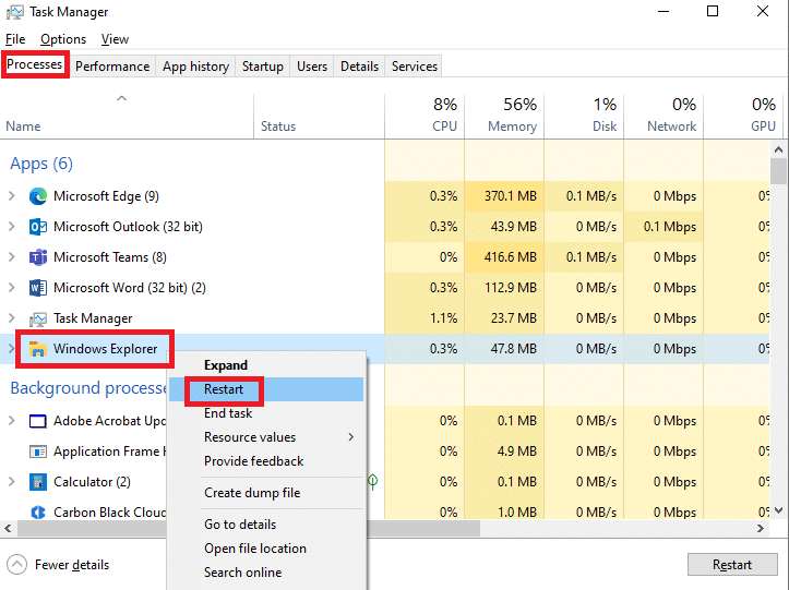 Haga clic derecho en el explorador de Windows y seleccione reiniciar. Reparar la barra de tareas, el clic derecho no funciona