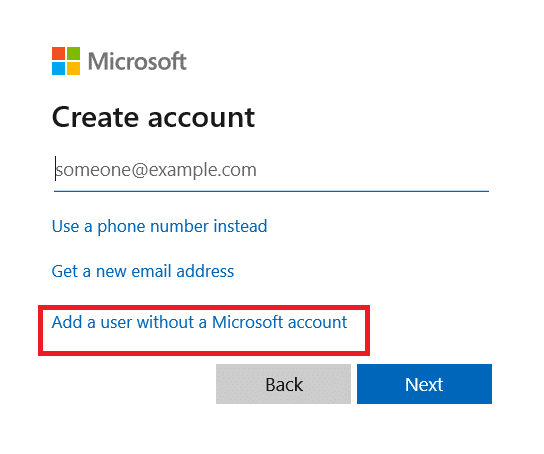 Fare clic su aggiungi un utente senza un account Microsoft