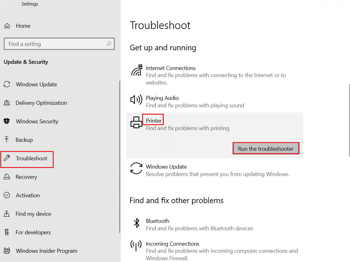 jalankan pemecah masalah untuk Printer. Perbaiki win32kfull.sys BSOD di Windows 10