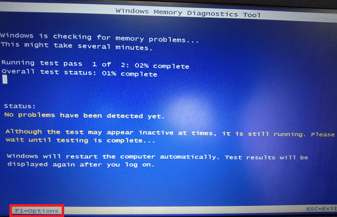 Sekarang, setelah restart, dan Alat Diagnostik Memori Windows akan terbuka. Kemudian, tekan tombol F1 untuk membuka Opsi. Perbaiki win32kfull.sys BSOD di Windows 10