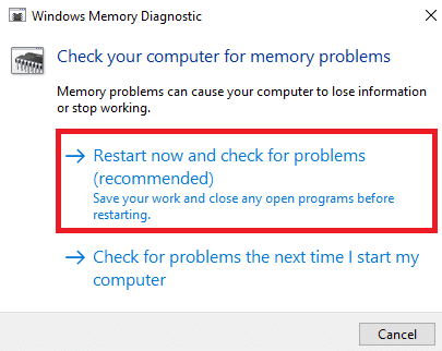 Ora, fai clic su Riavvia ora e controlla l'opzione consigliata per i problemi per scansionare il tuo computer per problemi di memoria.